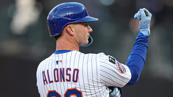Apr 8, 2025; New York City, New York, USA; New York Mets first baseman Pete Alonso (20) reacts after hitting a three RBI double during the sixth inning against the Miami Marlins at Citi Field