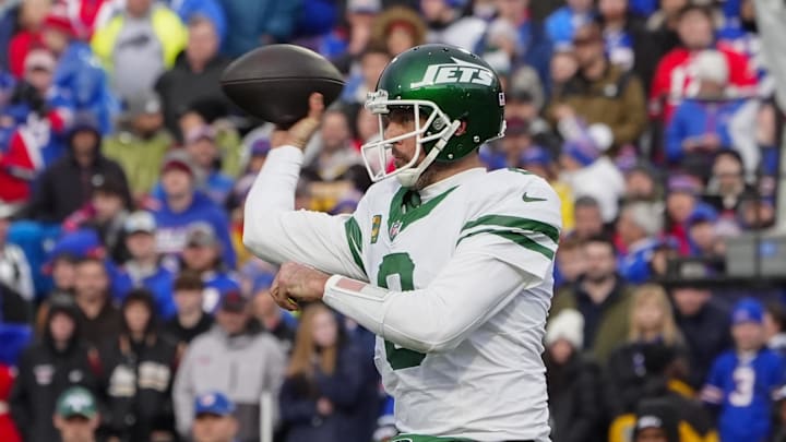Dec 29, 2024; Orchard Park, New York, USA; New York Jets quarterback Aaron Rodgers (8) throws the ball against the Buffalo Bills during the second half at Highmark Stadium. Mandatory Credit: Gregory Fisher-Imagn Images