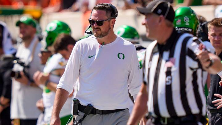 Oregon head coach Dan Lanning looks on as the Oregon Ducks face the Oklahoma State Cowboys on Sept. 12, 2026, at Boone Pickens Stadium in Stillwater, Oklahoma.