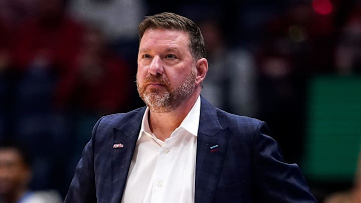 Mississippi coach Chris Beard during the first half of a SEC tournament quarterfinal game against Alabama at Bridgestone Arena in Nashville, Tenn., Friday, March 13, 2026. Mississippi coach Chris Beard during the first half of a SEC tournament quarterfinal game against Alabama at Bridgestone Arena in Nashville, Tenn., Friday, March 13, 2026.