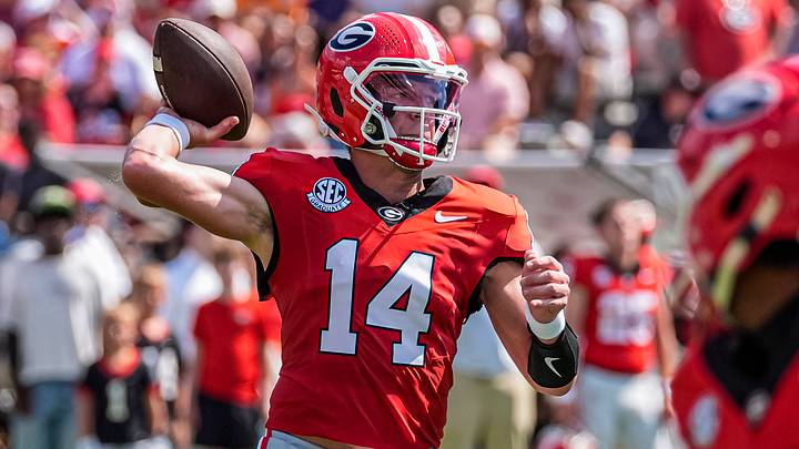 Sep 5, 2026; Athens, Georgia, USA; Georgia Bulldogs quarterback Gunner Stockton (14) passes the ball against the Tennessee State Tigers during the first quarter at Sanford Stadium. Mandatory Credit: Dale Zanine-Imagn Images