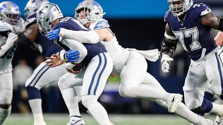 Lions defensive end Aidan Hutchinson sacks Cowboys quarterback Dak Prescott during the first half at Lions defensive end Aidan Hutchinson sacks Cowboys quarterback Dak Prescott during the first half at