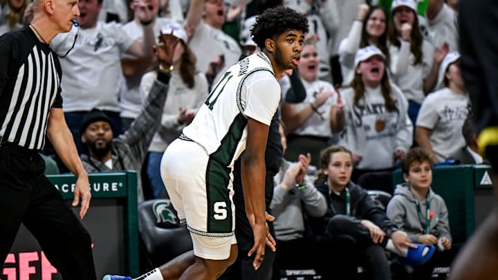Michigan State's Jase Richardson celebrates after making a 3-pointer against Oregon during the second half on Saturday, Feb. 8, 2025, at the Breslin Center East Lansing.