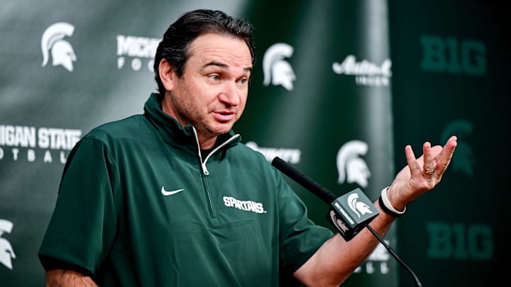Michigan State coach Jonathan Smith talks the media on the first national signing day for college football recruits Wednesday, Dec. 4, 2024, at Spartan Stadium in East Lansing.