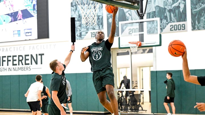 Michigan State's Cam Ward shoots a layup during the first day of basketball practice on Monday, Sept. 22, 2025, at the Breslin Center in East Lansing.