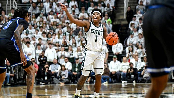 Michigan State's Jeremy Fears Jr. communicates to teammates against Duke during the first half on Saturday, Dec. 6, 2025, at the Breslin Center in East Lansing. Michigan State's Jeremy Fears Jr. communicates to teammates against Duke during the first half on Saturday, Dec. 6, 2025, at the Breslin Center in East Lansing.