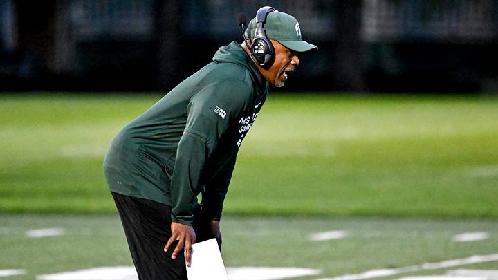 Michigan State's wide receivers coach Courtney Hawkins calls out during spring football practice on Tuesday, April 14, 2026, in East Lansing. Michigan State's wide receivers coach Courtney Hawkins calls out during spring football practice on Tuesday, April 14, 2026, in East Lansing.