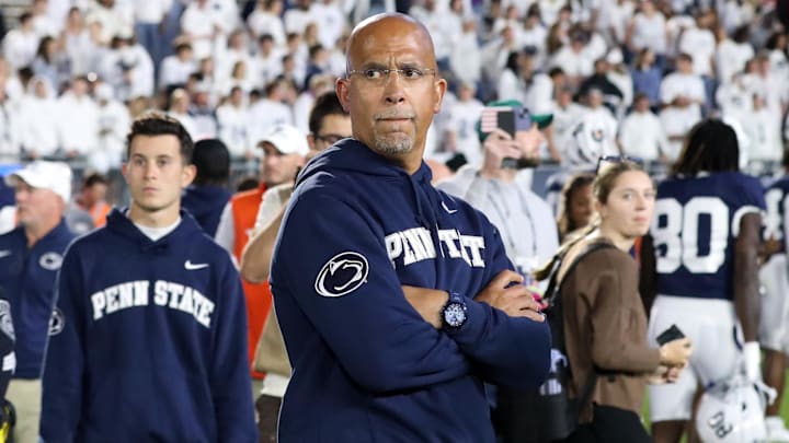 Oct 11, 2025; University Park, Pennsylvania, USA; Penn State Nittany Lions head coach James Franklin stands on the field following the game against the Northwestern Wildcats at Beaver Stadium. Mandatory Credit: Matthew O'Haren-Imagn Images