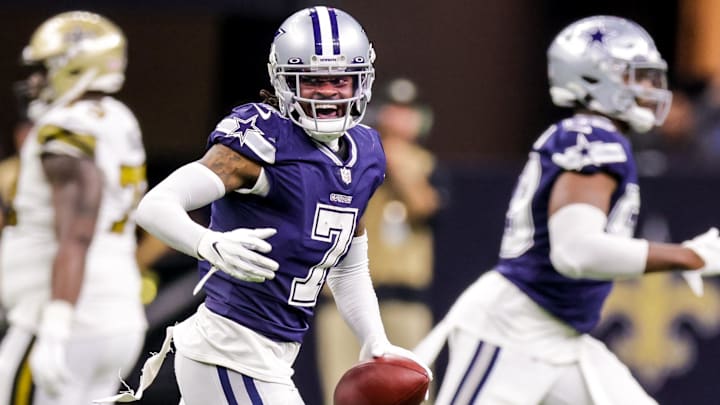 Dallas Cowboys cornerback Trevon Diggs reacts to getting an interception against the New Orleans Saints.