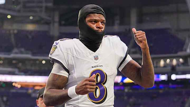 Nov 9, 2025; Minneapolis, Minnesota, USA; Baltimore Ravens quarterback Lamar Jackson (8) leaves the field after the game against the Minnesota Vikings  at U.S. Bank Stadium. Mandatory Credit: Brad Rempel-Imagn Images