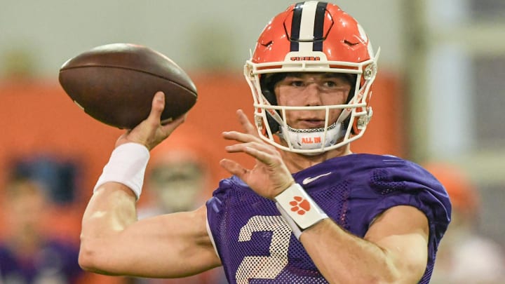 Clemson quarterback Cade Klubnik (2) passes during the first day of Spring practice at the Poe Indoor Practice Facility at the Allen N. Reeves football complex in Clemson S.C. Wednesday, February 28, 2024. Clemson quarterback Cade Klubnik (2) passes during the first day of Spring practice at the Poe Indoor Practice Facility at the Allen N. Reeves football complex in Clemson S.C. Wednesday, February 28, 2024.