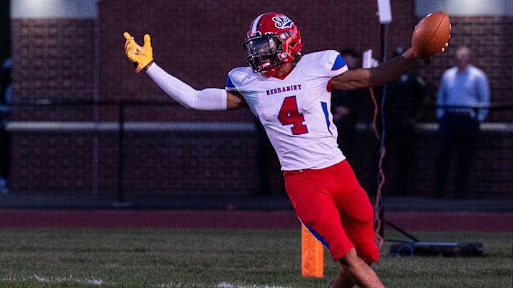 Neshaminy's Brock Williams, 4, celebrates his touchdown against Abington during a football game in Abington on Sept. 19, 2025.