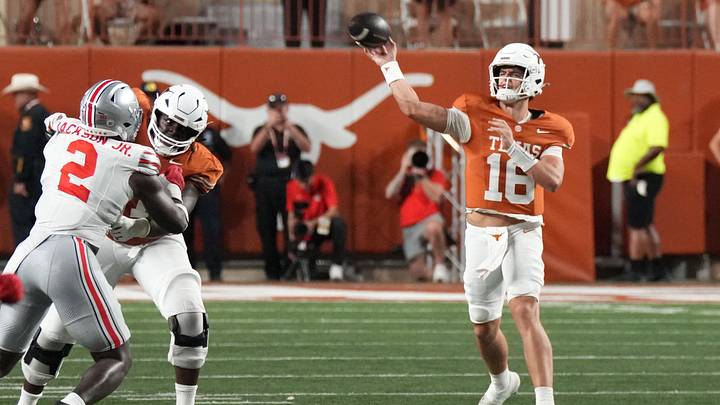 Sep 12, 2026; Austin, Texas, USA; Texas Longhorns quarterback Arch Manning (16) throws a pass against the Ohio State Buckeyes during the first half at Darrell K Royal-Texas Memorial Stadium. Mandatory Credit: Scott Wachter-Imagn Images Sep 12, 2026; Austin, Texas, USA; Texas Longhorns quarterback Arch Manning (16) throws a pass against the Ohio State Buckeyes during the first half at Darrell K Royal-Texas Memorial Stadium. Mandatory Credit: Scott Wachter-Imagn Images