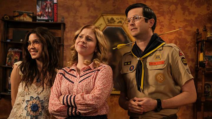 Pictured (L-R): Sheila Carrasco as Flower, Rose McIver as Samantha, and Richie Moriarty as Pete in Ghosts season 4