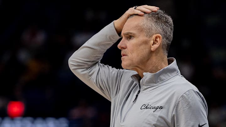 Nov 24, 2025; New Orleans, Louisiana, USA;  Chicago Bulls Head Coach Billy Donovan looks on against the New Orleans Pelicans during the second half at Smoothie King Center. Mandatory Credit: Stephen Lew-Imagn Images