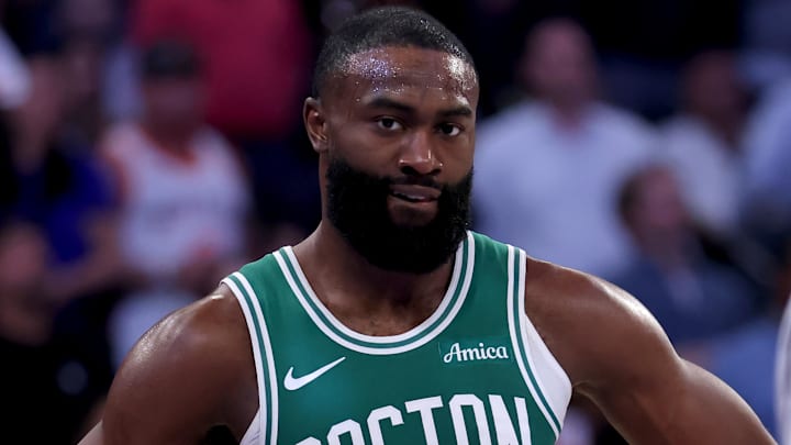 May 16, 2025; New York, New York, USA; Boston Celtics guard Jaylen Brown (7) reacts during the second quarter of game six in the second round of the 2025 NBA Playoffs against the New York Knicks at Madison Square Garden. Mandatory Credit: Brad Penner-Imagn Images