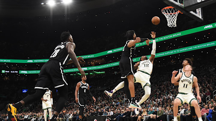 Nov 10, 2023; Boston, Massachusetts, USA;  Brooklyn Nets forward Trendon Watford (9) blocks the shot