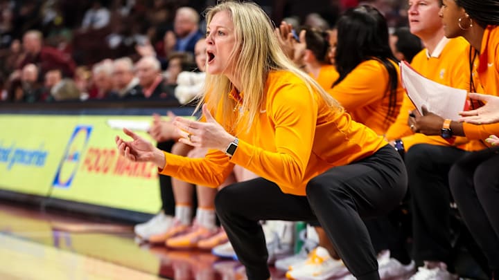Mar 3, 2024; Columbia, South Carolina, USA; Tennessee Lady Vols head coach Kellie Harper disputes a call against the South Carolina Gamecocks in the first half at Colonial Life Arena. Mandatory Credit: Jeff Blake-Imagn Images