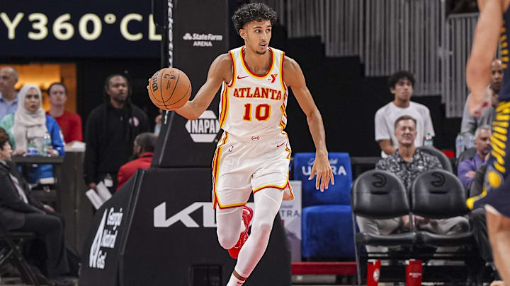 Oct 8, 2024; Atlanta, Georgia, USA; Atlanta Hawks forward Zaccharie Risacher (10) handles the ball against the Indiana Pacers during the first half at State Farm Arena. Mandatory Credit: Dale Zanine-Imagn Images Oct 8, 2024; Atlanta, Georgia, USA; Atlanta Hawks forward Zaccharie Risacher (10) handles the ball against the Indiana Pacers during the first half at State Farm Arena. Mandatory Credit: Dale Zanine-Imagn Images