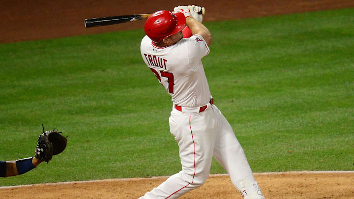 May 4, 2021; Anaheim, California, USA; Los Angeles Angels center fielder Mike Trout (27) hits a solo