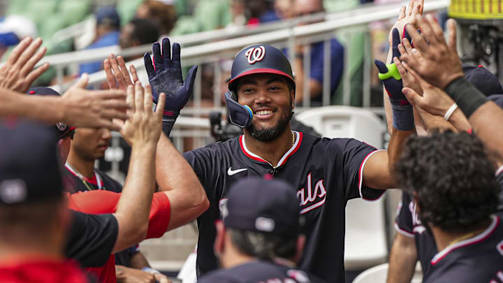 Sep 24, 2025; Cumberland, Georgia, USA; Washington Nationals left fielder James Wood (29) reacts after hitting a home run against the Atlanta Braves during the eighth inning at Truist Park. Mandatory Credit: Dale Zanine-Imagn Images