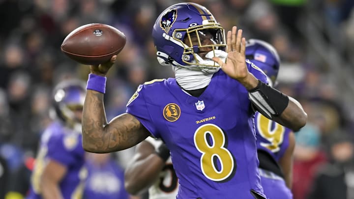 Nov 27, 2025; Baltimore, Maryland, USA; Baltimore Ravens quarterback Lamar Jackson (8) looks to pass during the game against the Cincinnati Bengals at M&T Bank Stadium. Mandatory Credit: Tommy Gilligan-Imagn Images Nov 27, 2025; Baltimore, Maryland, USA; Baltimore Ravens quarterback Lamar Jackson (8) looks to pass during the game against the Cincinnati Bengals at M&T Bank Stadium. Mandatory Credit: Tommy Gilligan-Imagn Images