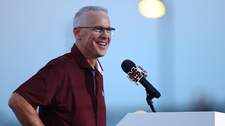 New Mississippi State Bulldogs coach Brian O'Connor talking to the cheering crowd at his formal introduction Thursday evening at Dudy Noble.