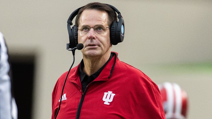 Nov 9, 2024; Bloomington, Indiana, USA; Indiana Hoosiers head coach Curt Cignetti looks on in the game against the Michigan Wolverines  at Memorial Stadium. Mandatory Credit: Trevor Ruszkowski-Imagn Images