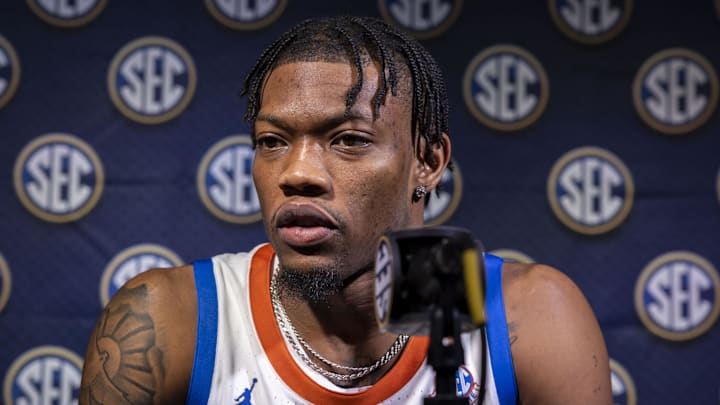 Oct 15, 2024; Birmingham, AL, USA; Florida Gators guard Alijah Martin talks with the media during SEC Media Days at Grand Bohemian Hotel. Mandatory Credit: Vasha Hunt-Imagn Images