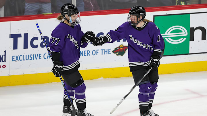 Minnesota forward Grace Zumwinkle celebrates her goal against Montreal in a PWHL ice hockey game.