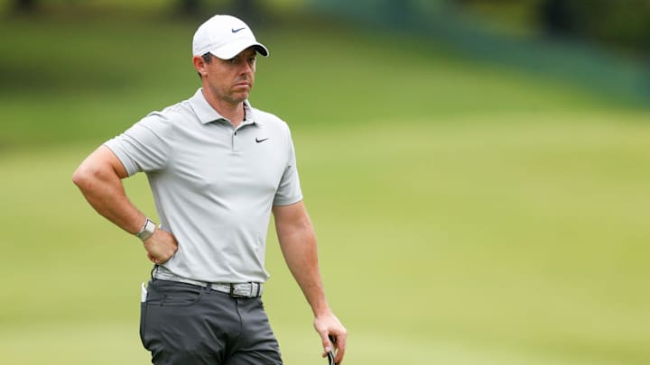 PGA Tour player Rory McIlroy waits for his turn on the tenth hole during the first round of the