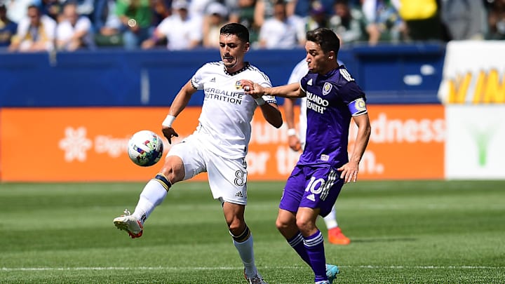 Mar 19, 2022; Carson, California, USA; Los Angeles Galaxy midfielder Marco Delgado (8) moves the
