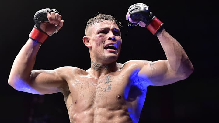 Nov 4, 2023; Sao Paulo, Brazil; Caio Borralho (red gloves) reacts after defeating  Abus Magomedov (not pictured) during UFC Fight Night at Ibirapuera Arena. Mandatory Credit: Jason da Silva-USA TODAY Sports