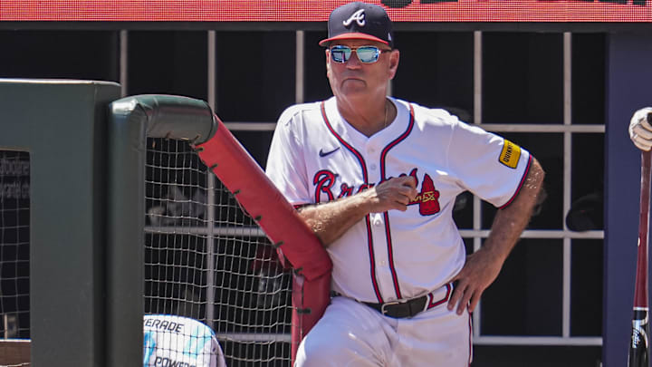 Atlanta Braves manager Brian Snitker (43) shown in the dugout during the game against the Washington Nationals during the ninth inning at Truist Park.