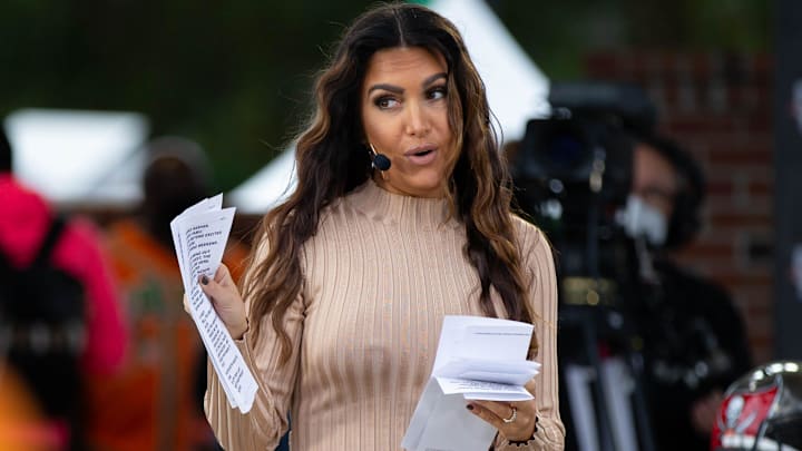 Sports commentator Molly Qerim Rose speaks to the crowd during a live taping of ESPN's “First Take” in 2021. Sports commentator Molly Qerim Rose speaks to the crowd during a live taping of ESPN's “First Take” in 2021.