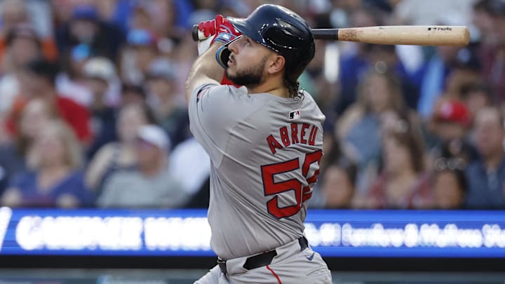 Aug 30, 2024; Detroit, Michigan, USA; Boston Red Sox outfielder Wilyer Abreu (52) hits a sacrifice fly in the third inning against the Detroit Tigers at Comerica Park. Aug 30, 2024; Detroit, Michigan, USA; Boston Red Sox outfielder Wilyer Abreu (52) hits a sacrifice fly in the third inning against the Detroit Tigers at Comerica Park.