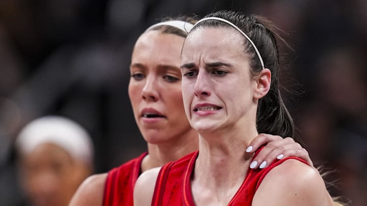 Sep 11, 2024; Indianapolis, Indiana, USA; Indiana Fever guard Caitlin Clark (22) reacts to missing a 3-pointer Wednesday, Sept. 11, 2024, during a game between the Indiana Fever and the Las Vegas Aces at Gainbridge Fieldhouse in Indianapolis.  Mandatory Credit: Grace Smith
