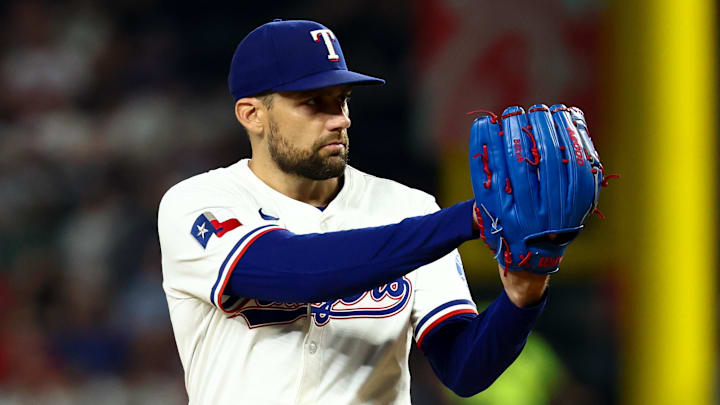 Aug 5, 2025; Arlington, Texas, USA;  Texas Rangers starting pitcher Nathan Eovaldi (17) throws during the eighth inning against the New York Yankees at Globe Life Field. 