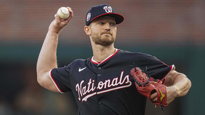 May 13, 2025; Cumberland, Georgia, USA; Washington Nationals starting pitcher Michael Soroka (34) pitches against the Atlanta Braves during the first inning at Truist Park. Mandatory Credit: Dale Zanine-Imagn Images