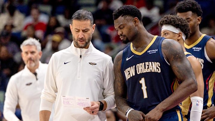 Nov 19, 2025; New Orleans, Louisiana, USA; New Orleans Pelicans forward Zion Williamson (1) talks to interim head coach James Borrego against the Denver Nuggets during the first half at Smoothie King Center. Mandatory Credit: Stephen Lew-Imagn Images Nov 19, 2025; New Orleans, Louisiana, USA; New Orleans Pelicans forward Zion Williamson (1) talks to interim head coach James Borrego against the Denver Nuggets during the first half at Smoothie King Center. Mandatory Credit: Stephen Lew-Imagn Images