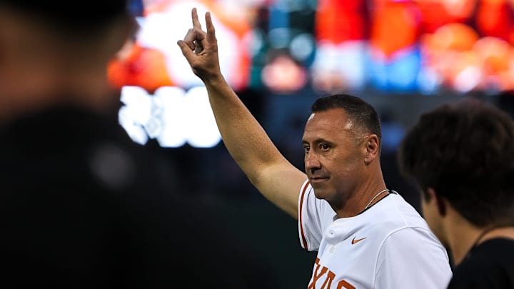 Texas Longhorns head football coach Steve Sarkisian takes the field for the first pitch ahead of the Lone Star Showdown against Texas A&M at UFCU Disch-Falk Field on Friday, April 25, 2025.
