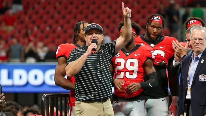 Sep 3, 2022; Atlanta, Georgia, USA; Georgia Bulldogs head coach Kirby Smart celebrates after a victory against the Oregon Ducks at Mercedes-Benz Stadium. Mandatory Credit: Brett Davis-USA TODAY Sports Sep 3, 2022; Atlanta, Georgia, USA; Georgia Bulldogs head coach Kirby Smart celebrates after a victory against the Oregon Ducks at Mercedes-Benz Stadium. Mandatory Credit: Brett Davis-USA TODAY Sports