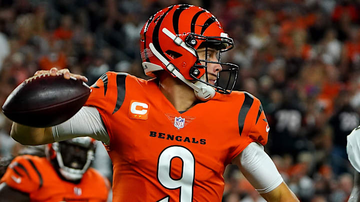 Cincinnati Bengals quarterback Joe Burrow (9) throws on the run in the first quarter during a Week 4 NFL football game against the Jacksonville Jaguars, Thursday, Sept. 30, 2021, at Paul Brown Stadium in Cincinnati.

Jacksonville Jaguars At Cincinnati Bengals Sept 30