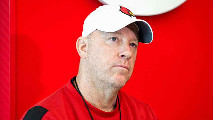 STILL FROM VIDEO: Louisville coach Jeff Brohm talks about facing Toledo in the Boca Raton Bowl.
