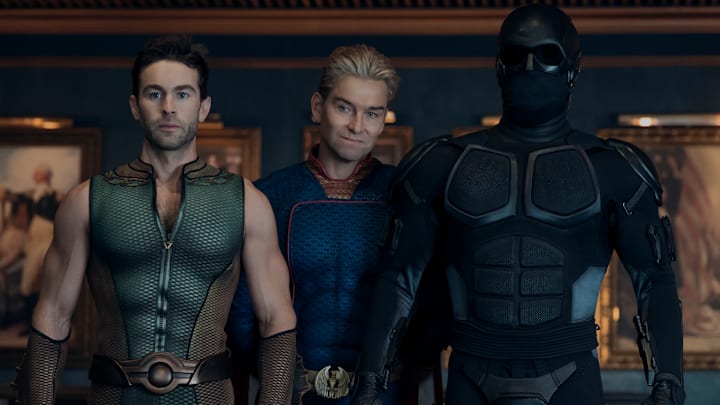 Chace Crawford (The Deep), Antony Starr (Homelander), Nathan Mitchell (Black Noir) in The Boys season 5.