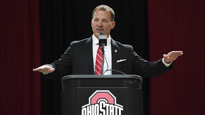 Jan 17, 2024; Columbus, OH, USA; Ross Bjork speaks during an introductory press conference for Ohio State University’s new athletic director at the Covelli Center. Jan 17, 2024; Columbus, OH, USA; Ross Bjork speaks during an introductory press conference for Ohio State University’s new athletic director at the Covelli Center.