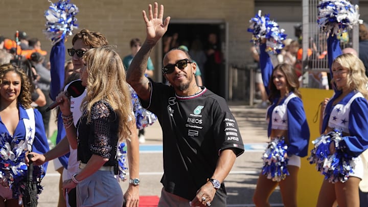 Oct 20, 2024; Austin, Texas, USA; Mercedes AMG Petronas Motorsport driver Lewis Hamilton of Team Great Britain is introduced at the drivers parade at the Formula 1 Pirelli United States Grand Prix at Circuit of the Americas. Mandatory Credit: Jay Janner-Imagn Images