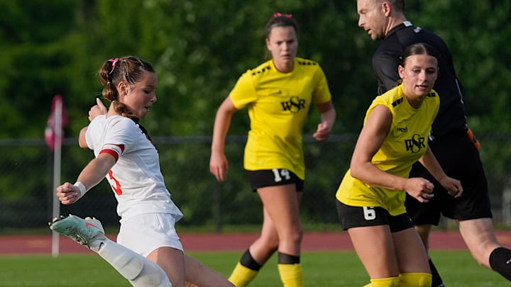 Dallas Center-Grimes forward Landry Glasgow (3) kicks the ball around Waverly-Shell Rock defense/midfielder Mya Behrends(6) during the second half in the 2A girls state soccer championship at the Cyclone Sports Complex on Saturday, June 7, 2025, in Ames, Iowa. Dallas Center-Grimes forward Landry Glasgow (3) kicks the ball around Waverly-Shell Rock defense/midfielder Mya Behrends(6) during the second half in the 2A girls state soccer championship at the Cyclone Sports Complex on Saturday, June 7, 2025, in Ames, Iowa.