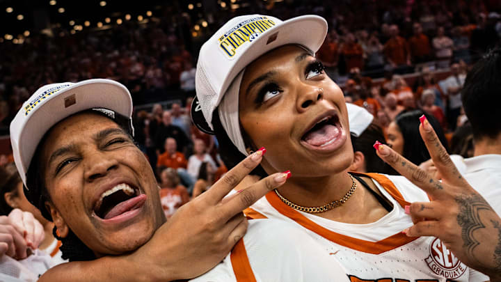 Texas Longhorns forwards Madison Booker (35) and Aaliyah Moore (23) regular season SEC Championship after beating Florida at home in the Moody Center, March 2, 2025. Texas Longhorns forwards Madison Booker (35) and Aaliyah Moore (23) regular season SEC Championship after beating Florida at home in the Moody Center, March 2, 2025.