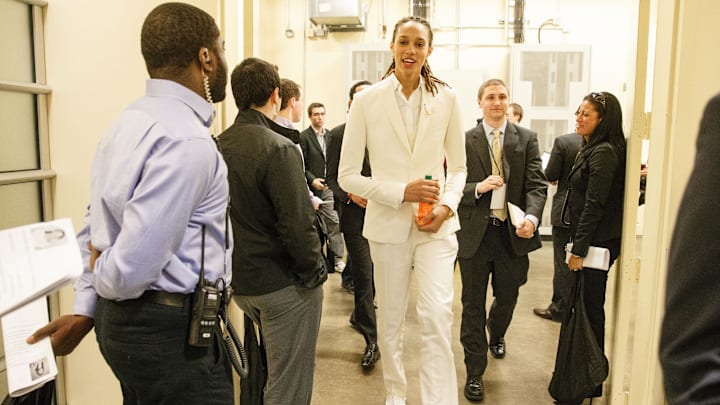 Apr 15, 2013; Bristol, CT, USA; Brittney Griner exits the WNBA Draft as a Phoenix Mercury at the ESPN Campus. Mandatory Credit: David Butler II-Imagn Images Apr 15, 2013; Bristol, CT, USA; Brittney Griner exits the WNBA Draft as a Phoenix Mercury at the ESPN Campus. Mandatory Credit: David Butler II-Imagn Images